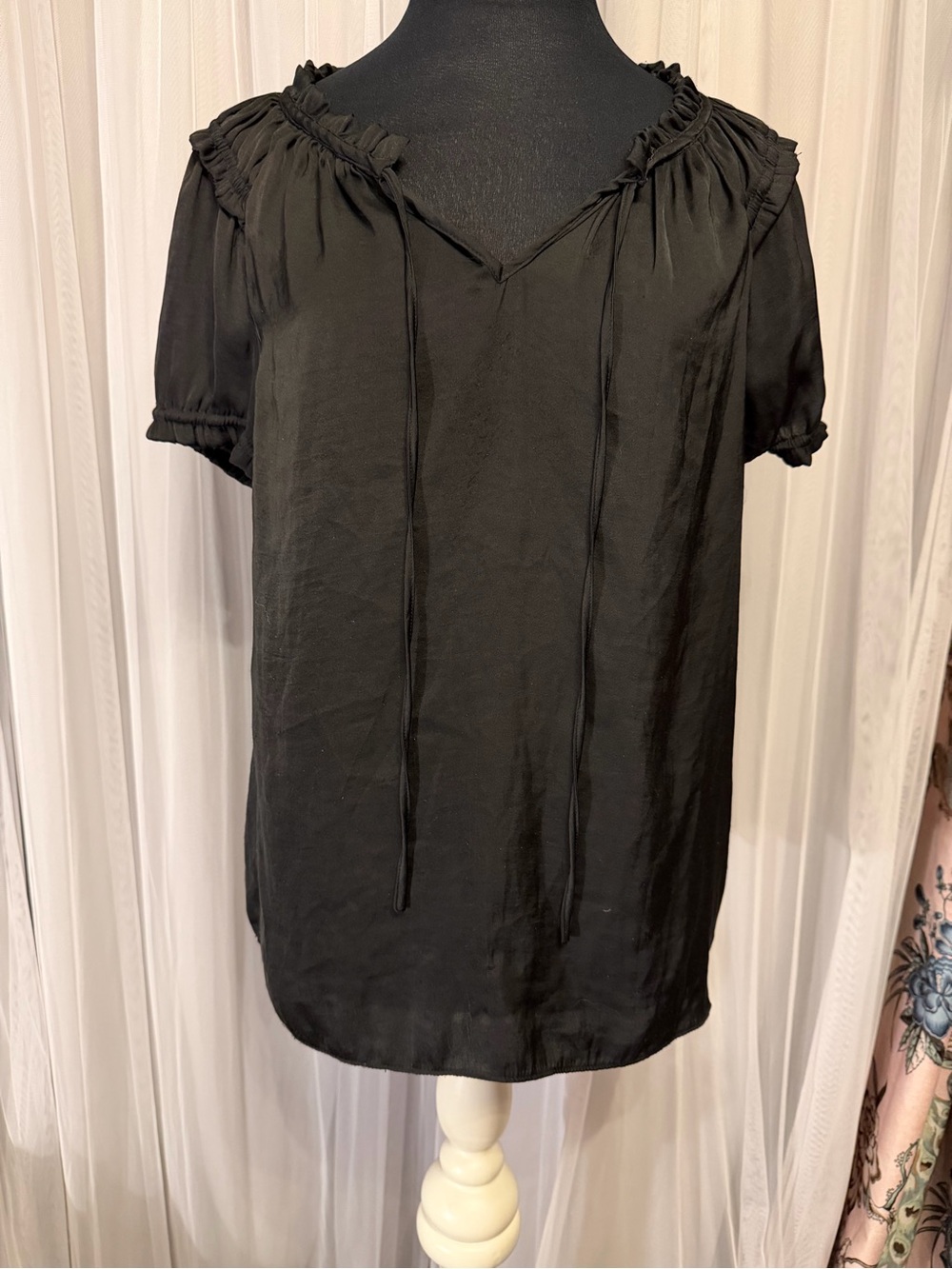 Catherine Malandrino Black Peasant Tie-Neck Blouse